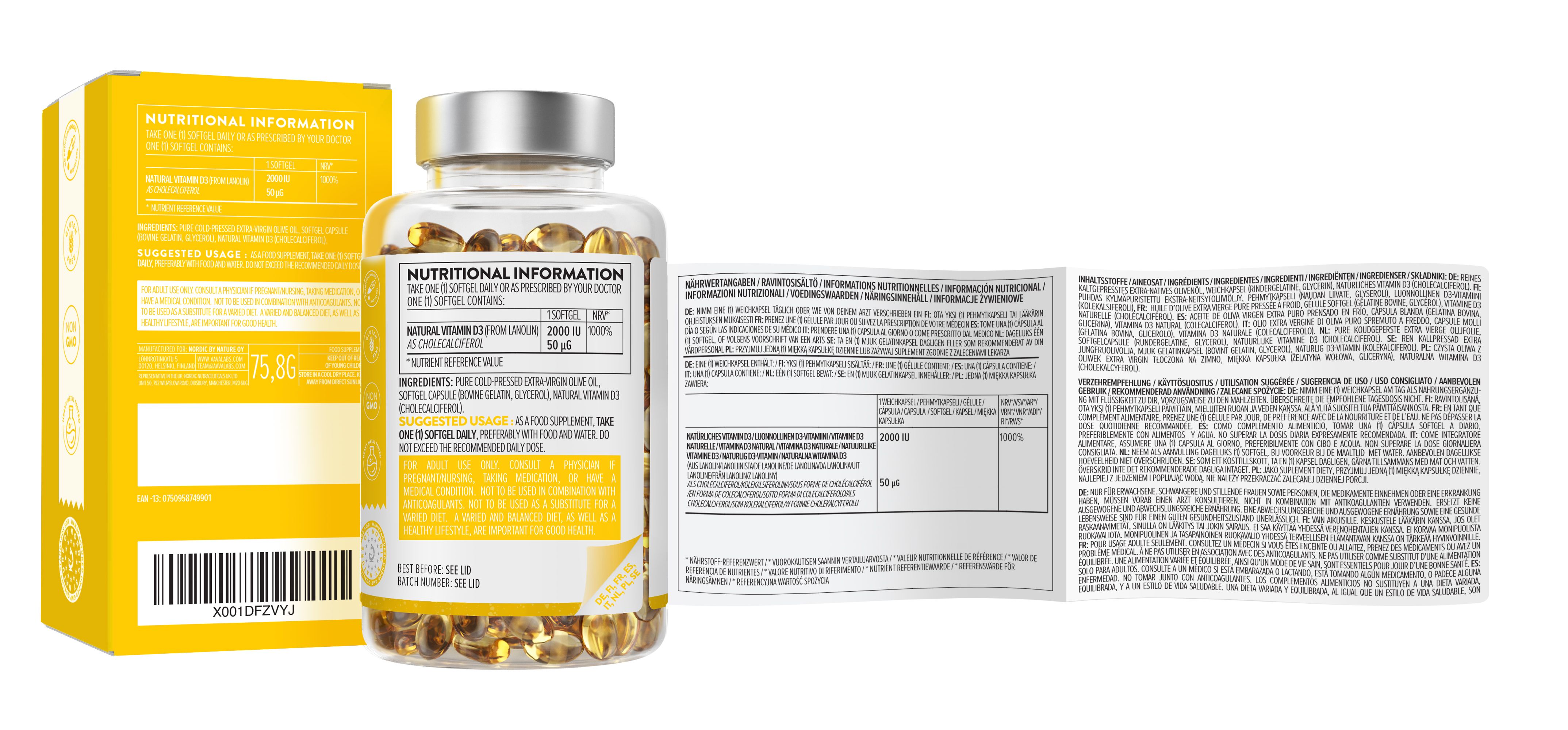 Aavalabs Vitamina D3 - 2000UI – Alta dose con olio d'oliva extravergine