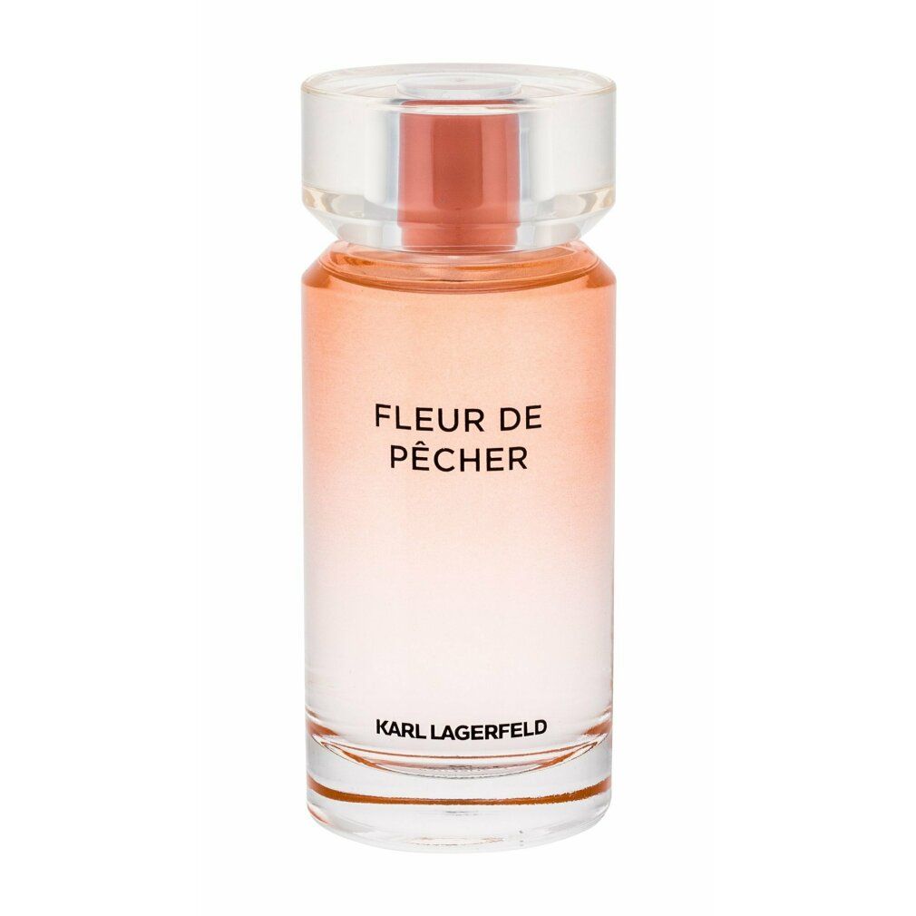 Spray Eau de Parfum Fleur de Pêcher. Flacone. Sfumatura rosa, tappo trasparente. Logo Karl Lagerfeld.