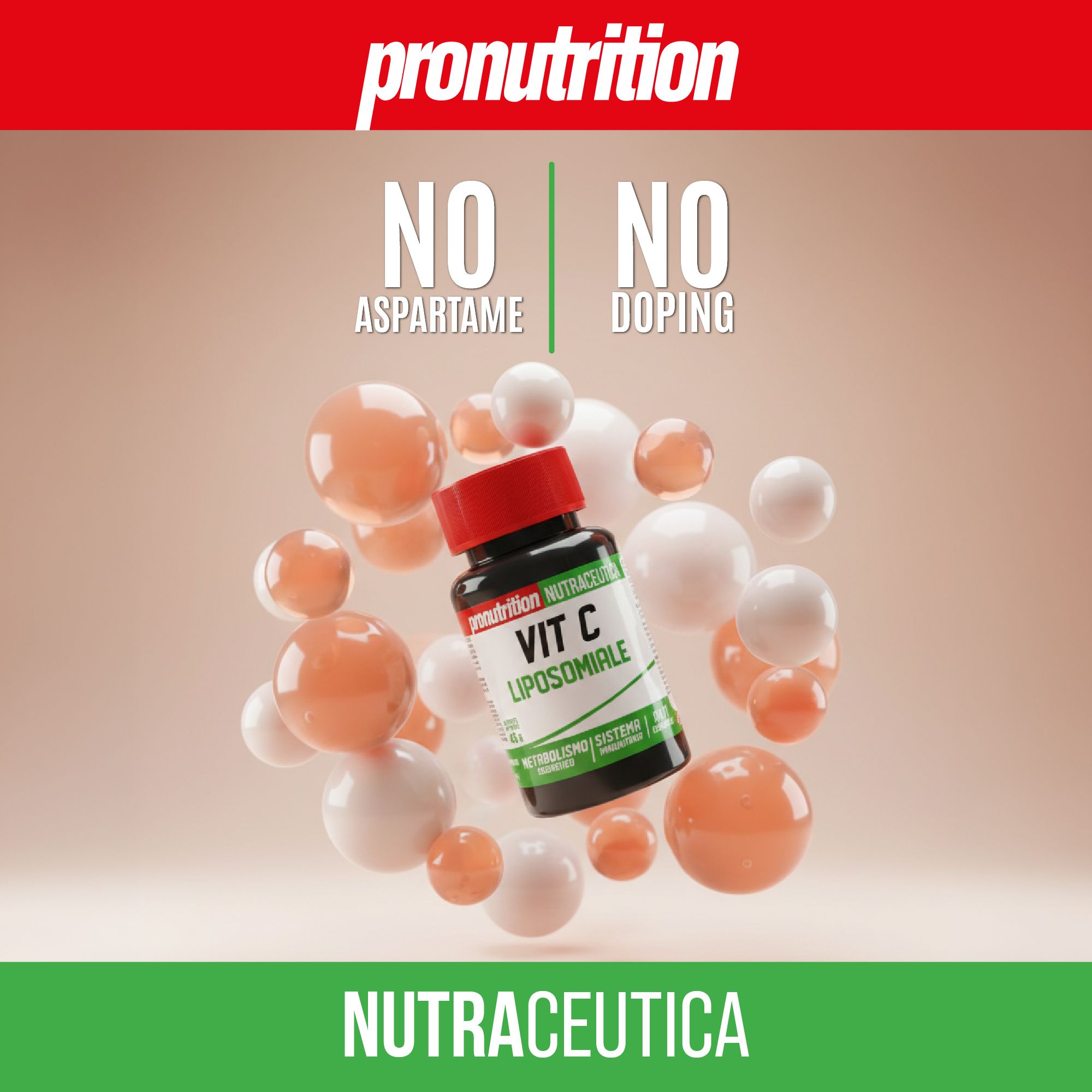 Flacone marrone con tappo rosso. Scritta: VIT C LIPOSOMIALE. Testo: NO ASPARTAME, NO DOPING. Circondato da sfere.
