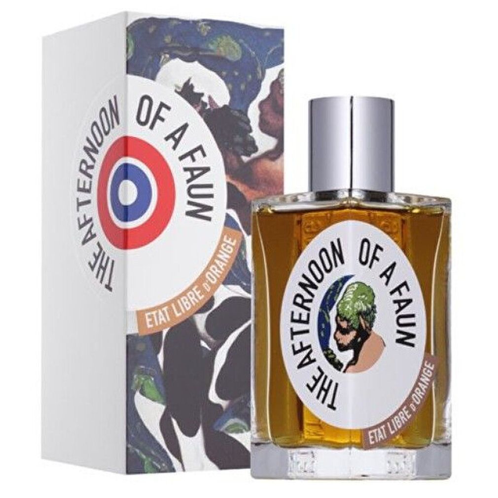 Flacone di profumo e confezione. Scritta: THE AFTERNOON OF A FAUN, ETAT LIBRE D'ORANGE. Confezione con motivo artistico.