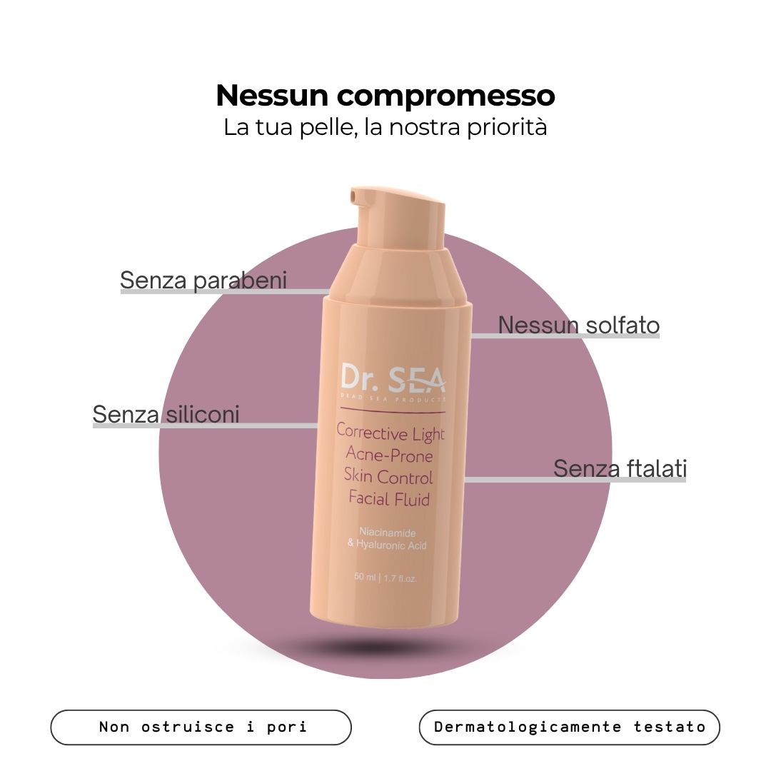 Flacone beige. Scritta: Dr. SEA, Corrective Light, Acne-Prone Skin Control Facial Fluid. Testo sugli ingredienti.