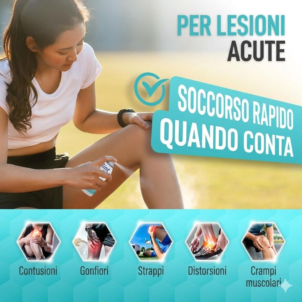 Donna spruzza spray sulla gamba. flint Med Spray. Testo: Aiuto rapido. Illustrazioni: contusioni, gonfiori, strappi, distorsioni, crampi muscolari.
