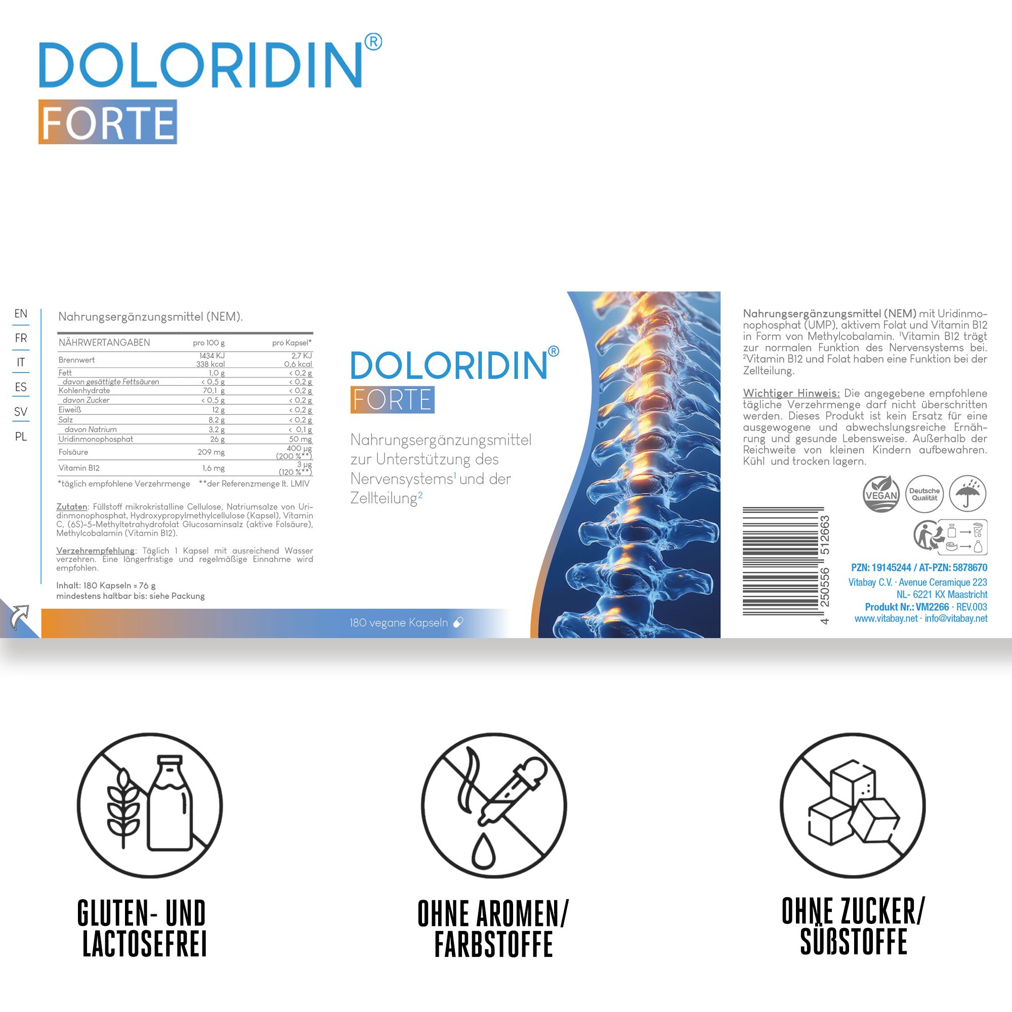 Confezione Doloridin Forte con informazioni, illustrazione della colonna vertebrale, loghi: senza glutine, senza aromi, senza zucchero.