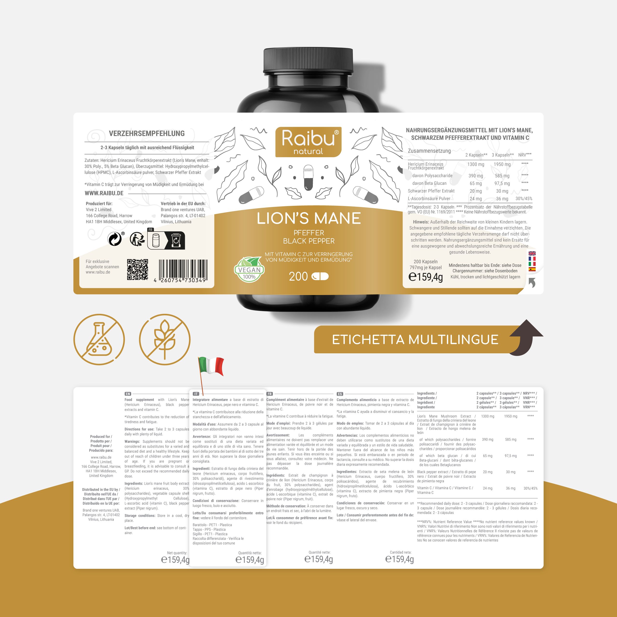 Bottiglia con etichetta. Etichetta multilingue. Consigli per l'uso. Ingredienti. Allergeni. 200 capsule. Vegano.