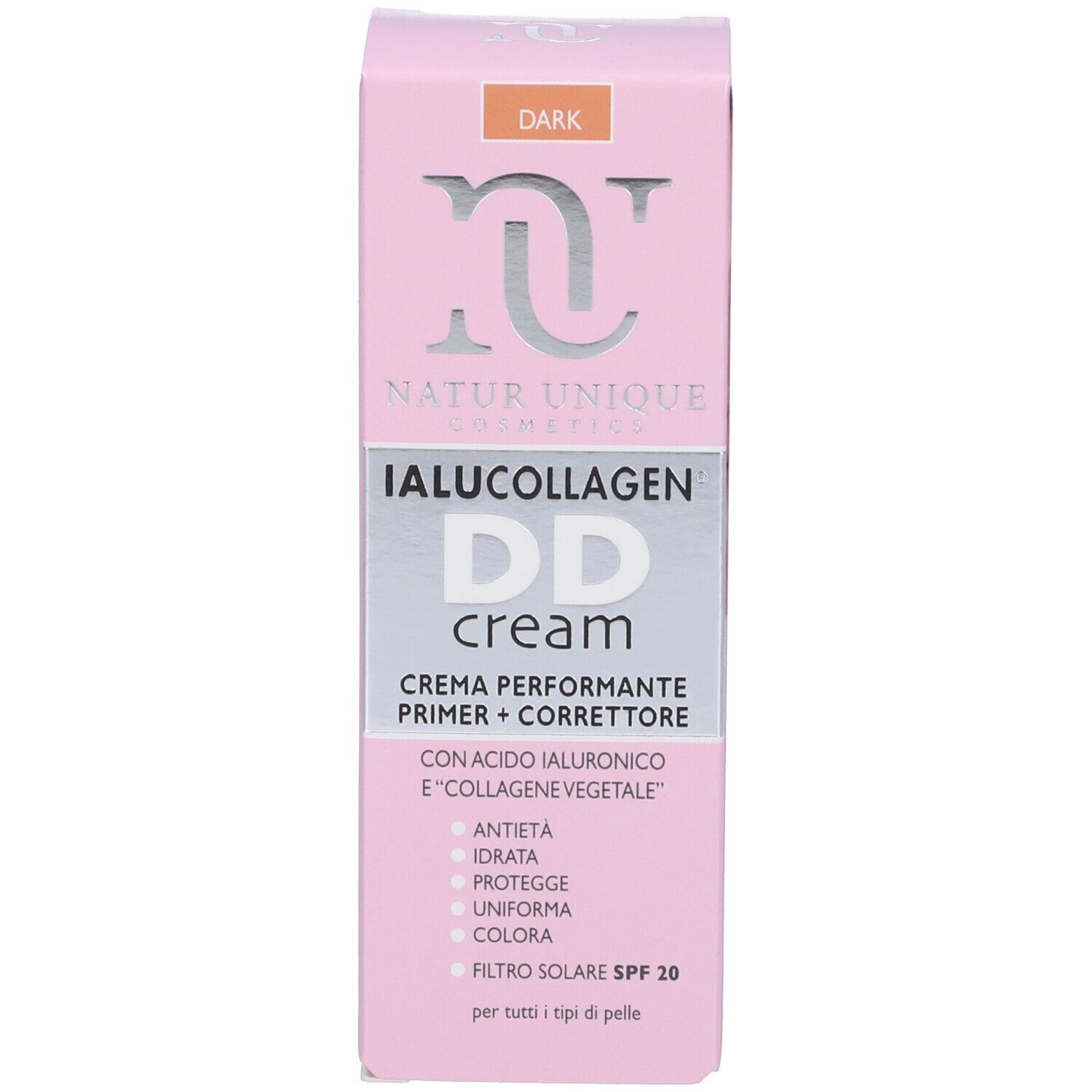 Confezione. Testo: Natur Unique Cosmetics, IALUCOLLAGEN DD cream, Dark. Con acido ialuronico e collagene vegetale.