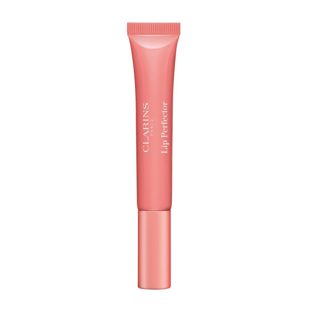 Un tubetto rosa di Clarins Lip Perfector con tappo rosa, su sfondo bianco.