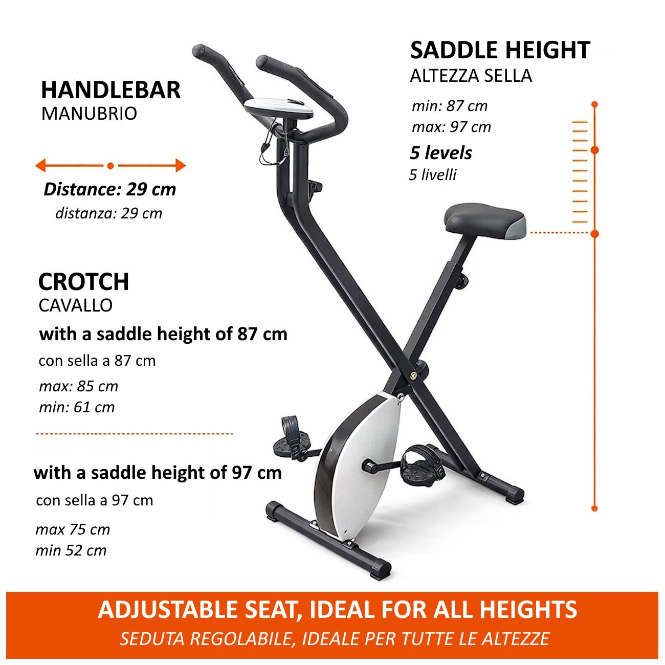 Cylette pieghevole con sella regolabile. Telaio nero, elemento bianco. Dimensioni e altezze indicate.