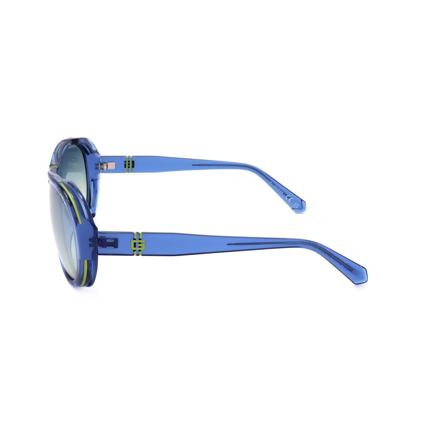 Occhiali da sole blu con montatura larga e accenti verdi sulle aste, vista laterale.