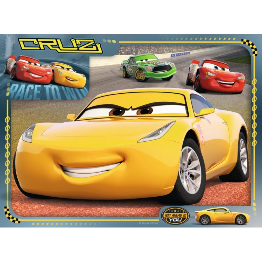 Puzzle con auto gialla, Disney Cars 3. Auto gialla con volto, pista sullo sfondo. Testo: CRUZ, WAY AHEAD OF YOU.