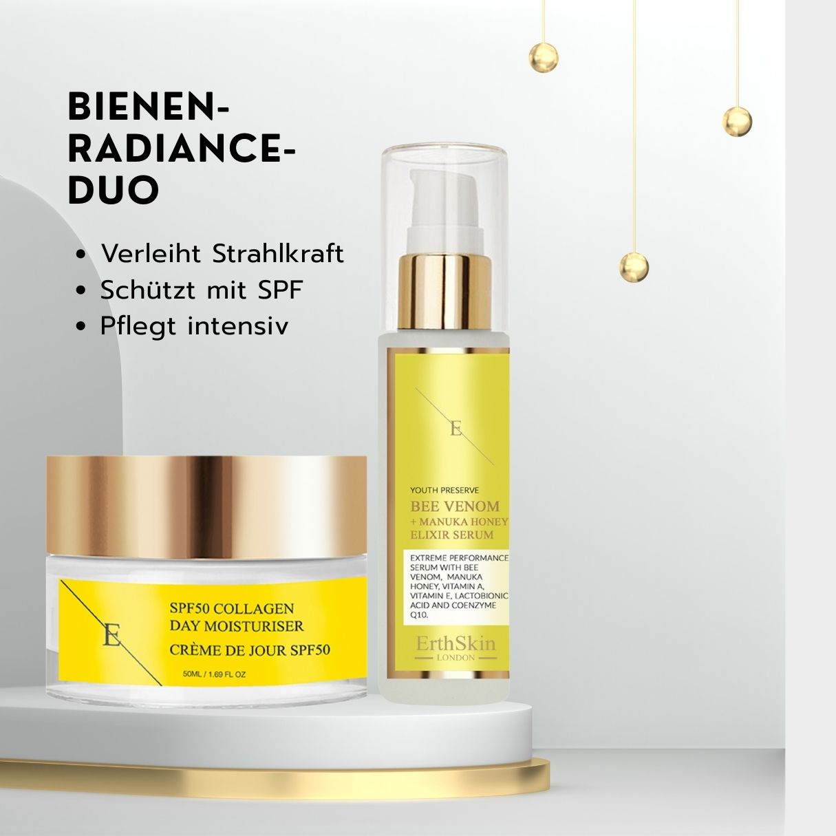 Duo Luminosità ErthSkin London: crema giorno SPF50 e siero al collagene. Dona luminosità, protegge con SPF, cura intensiva.