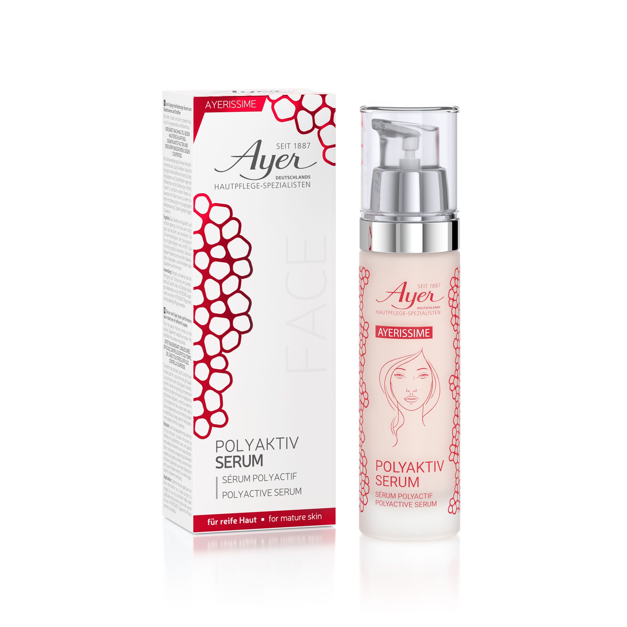 Flacone e confezione del siero Ayerissime. Siero bianco con pompa, dettagli rossi. Scritta: Siero Polyactive. Per pelli mature.