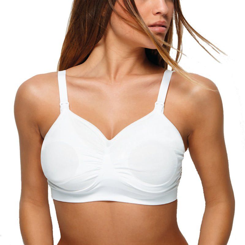 Reggiseno allattamento bianco con spalline regolabili. Parte anteriore arricciata e coppe rotonde.