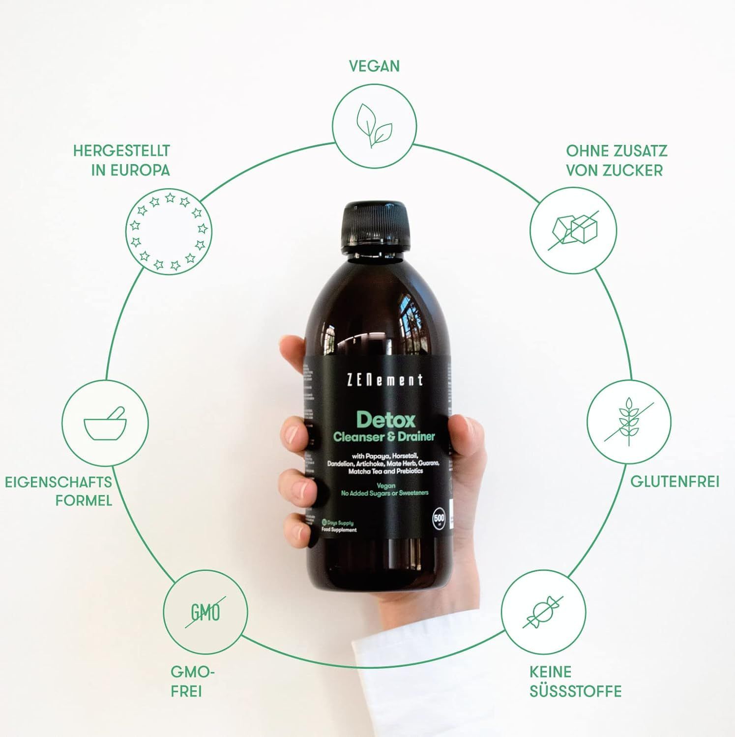 Bottiglia marrone con tappo nero. Scritta: Detox Cleanser & Drainer. Vegano, senza zucchero, senza glutine, senza OGM.