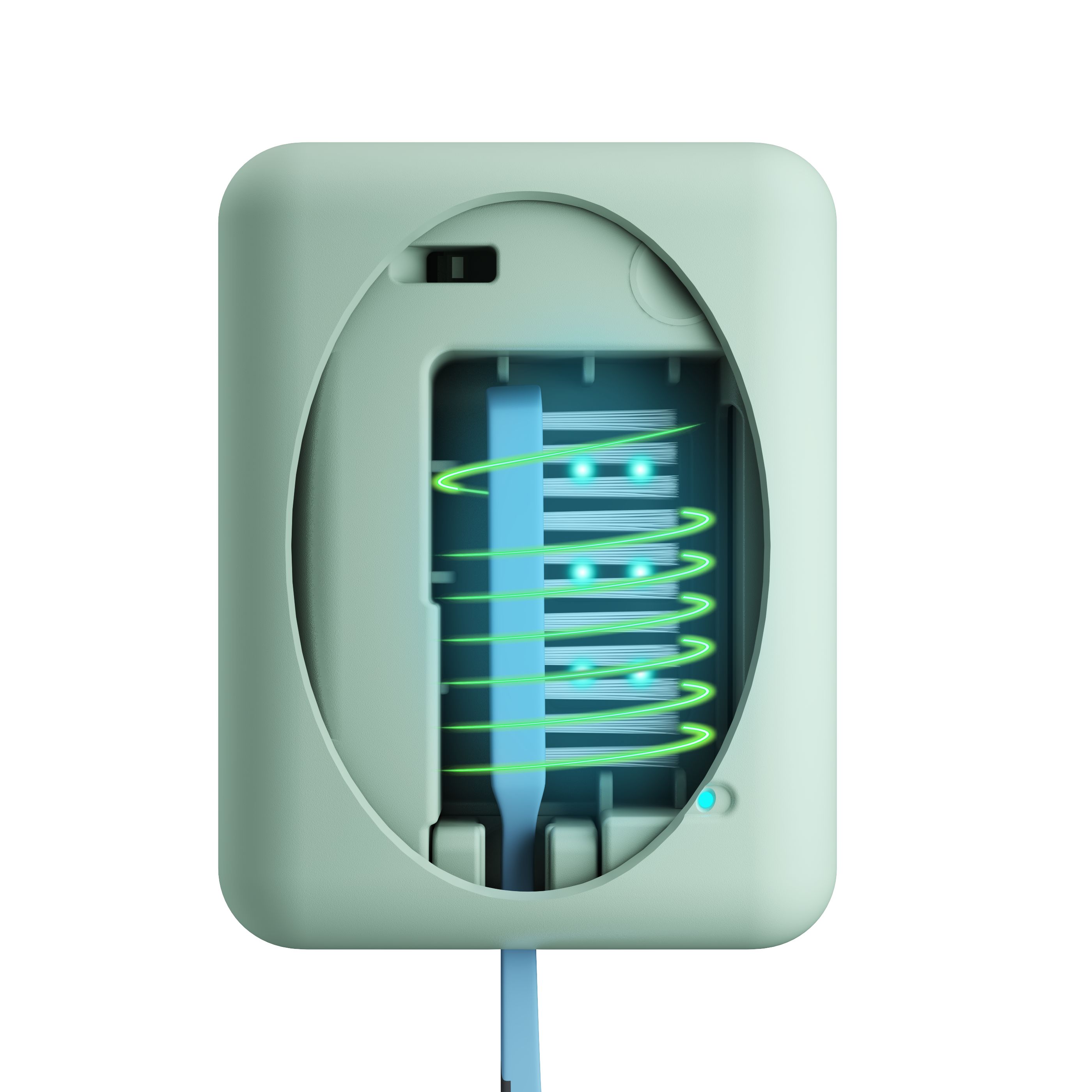 Custodia verde chiaro aperta. Interno con luce UV e supporto per spazzolino. LED blu.