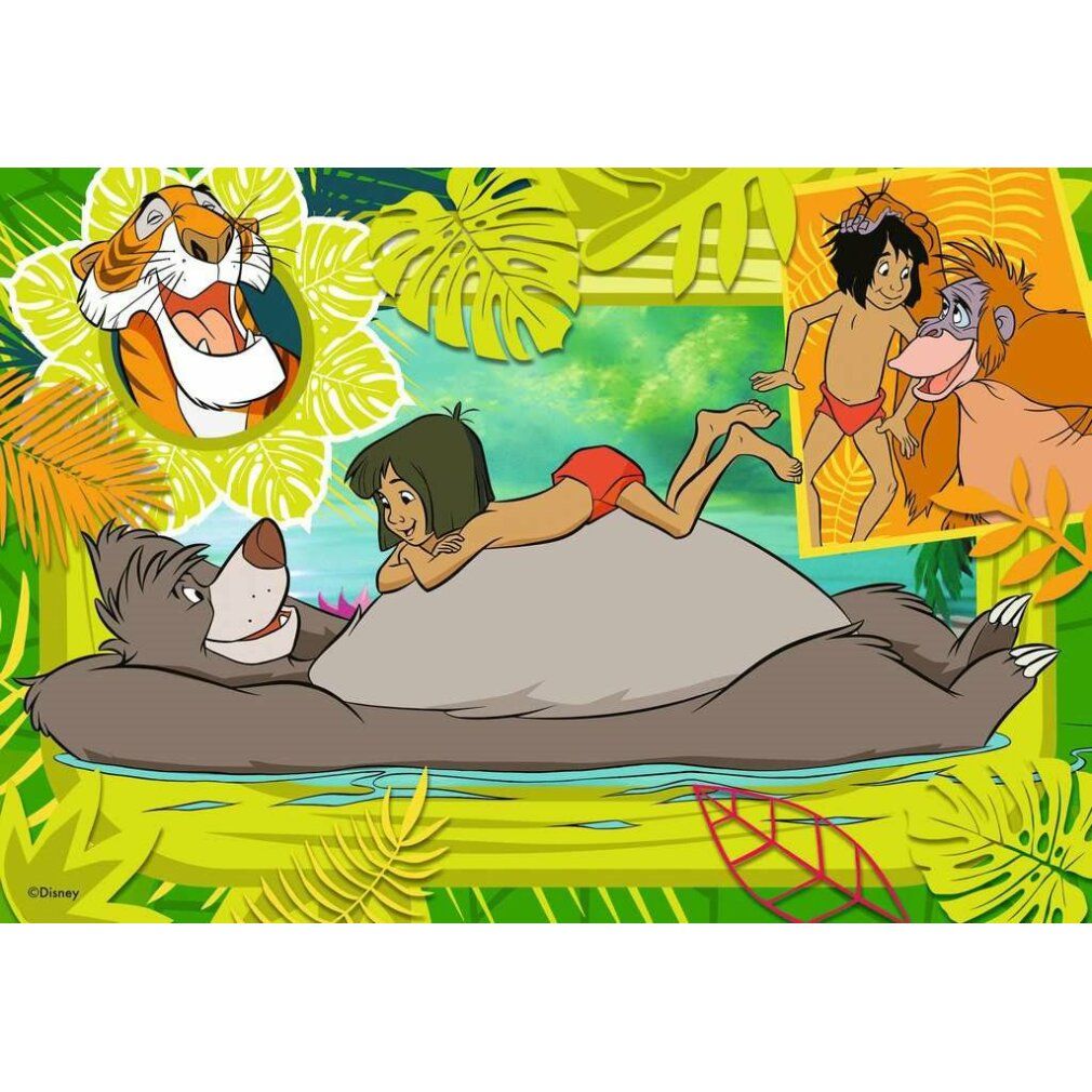 Puzzle: Mowgli su Baloo, tigre e scimmia sullo sfondo. Scena del Libro della Giungla, foglie verdi.