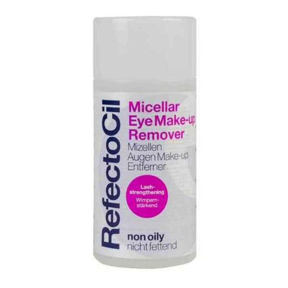 Flacone bianco con cerchio rosa e testo 'Micellar Eye Make-up Remover' e logo RefectoCil. 150ml.