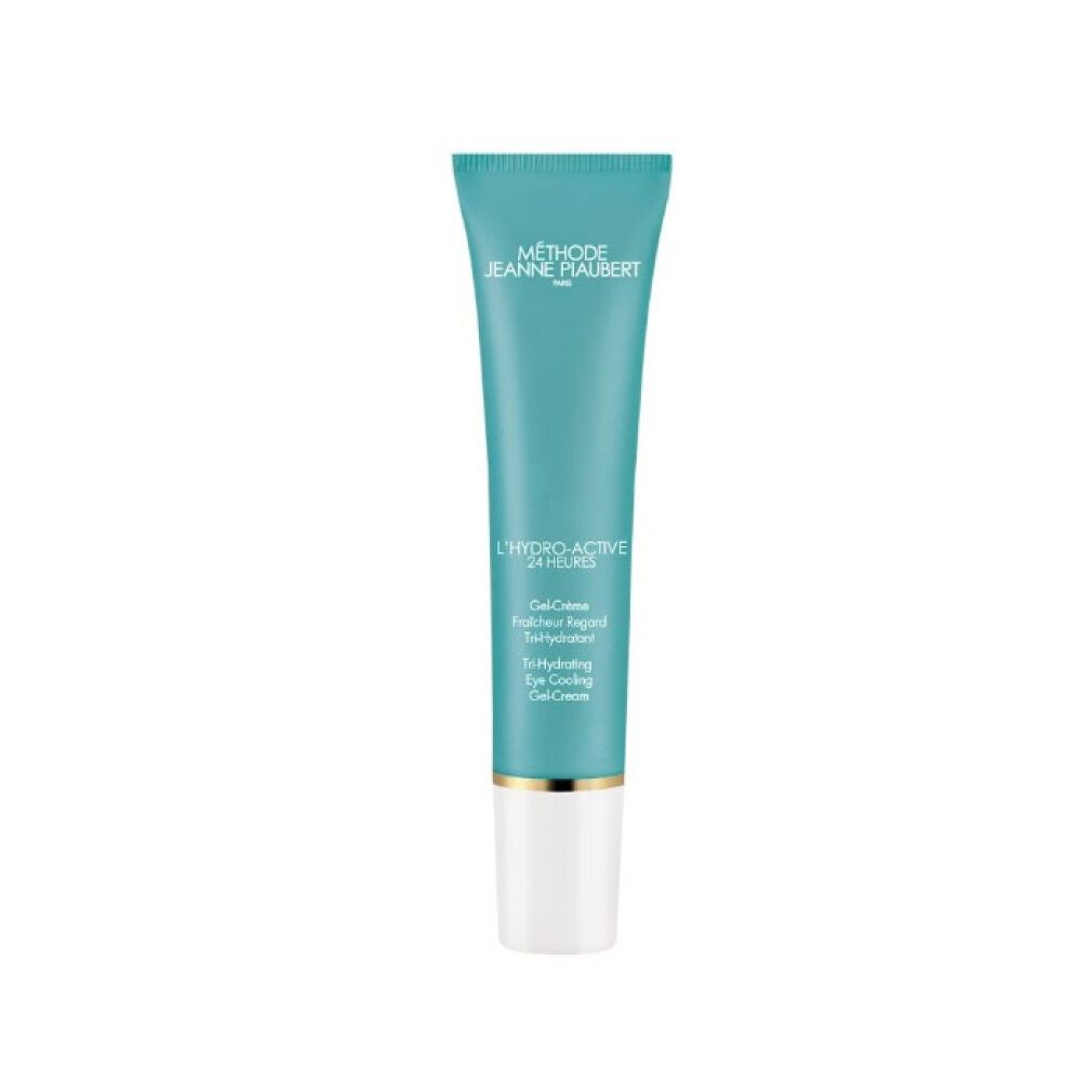 Tubo turchese con tappo bianco, Jeanne Piaubert L'Hydro-Active 24h Tri-Hydrating Eye Cooling Gel-Cream.