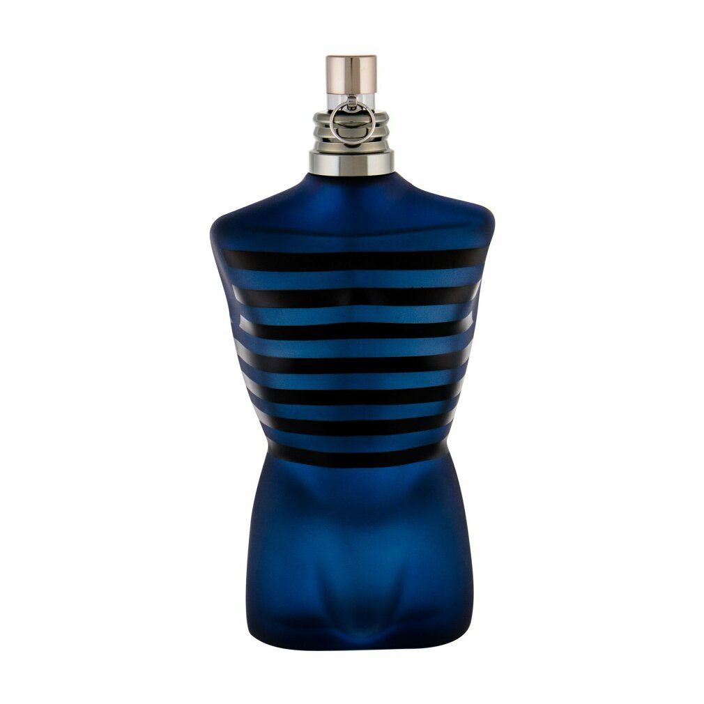 Flacone blu a forma di torso con strisce nere. Atomizzatore argentato.
