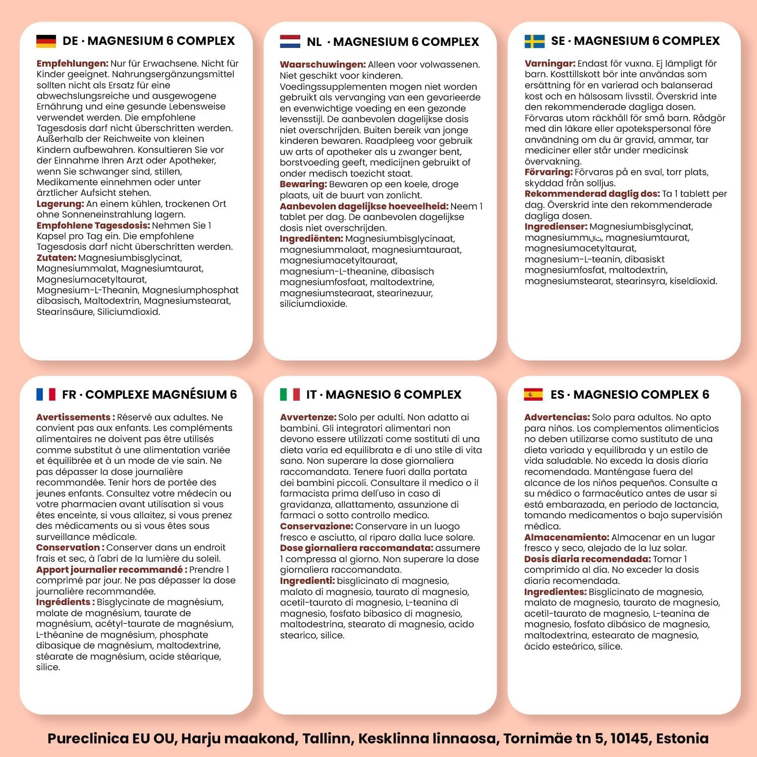 Informazioni multilingue su sfondo rosa. Contiene raccomandazioni, avvertenze e ingredienti in diverse lingue.