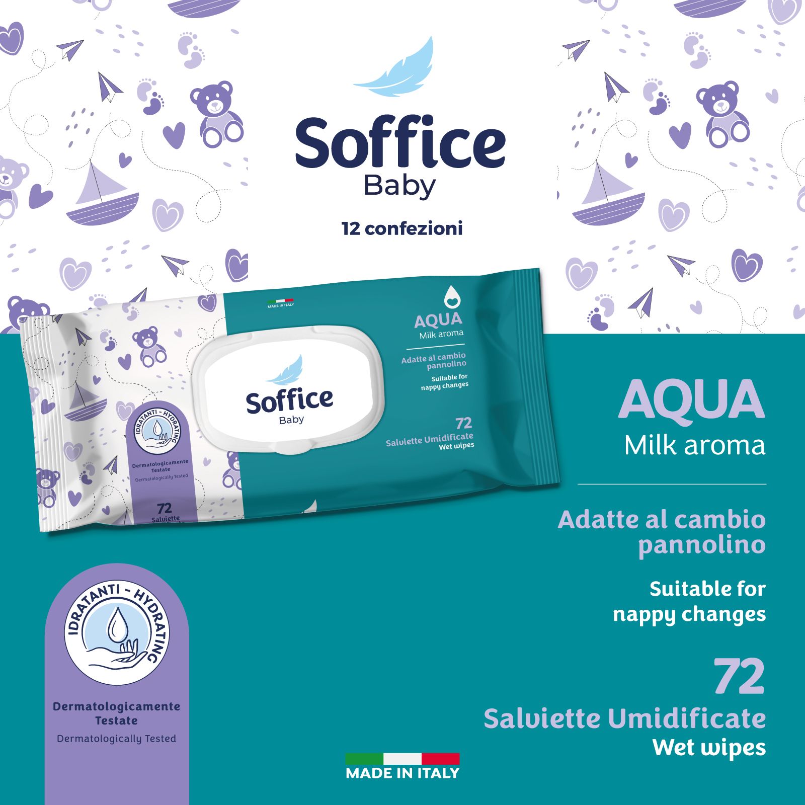 Soffice Salviette Baby Aqua: 12 confezioni salviette, testate dermatologicamente.