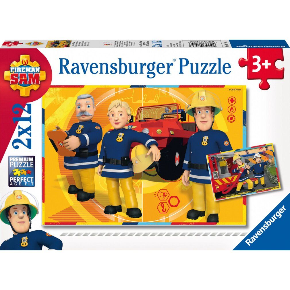 Scatola puzzle con pompieri. Il puzzle mostra tre personaggi in uniforme blu. Marchio: Ravensburger, Sam il pompiere, 2x12 pezzi.