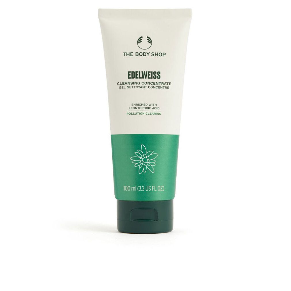 Tubo "THE BODY SHOP EDELWEISS Cleansing Concentrate". Design verde e bianco, motivo floreale, testo in inglese e francese. 100 ml.