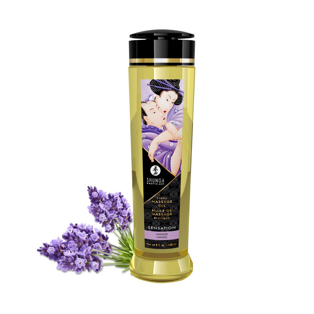 Flacone cilindrico di olio per massaggi con fiori di lavanda. Stampa con illustrazione e testo. Tappo nero. Base dorata.