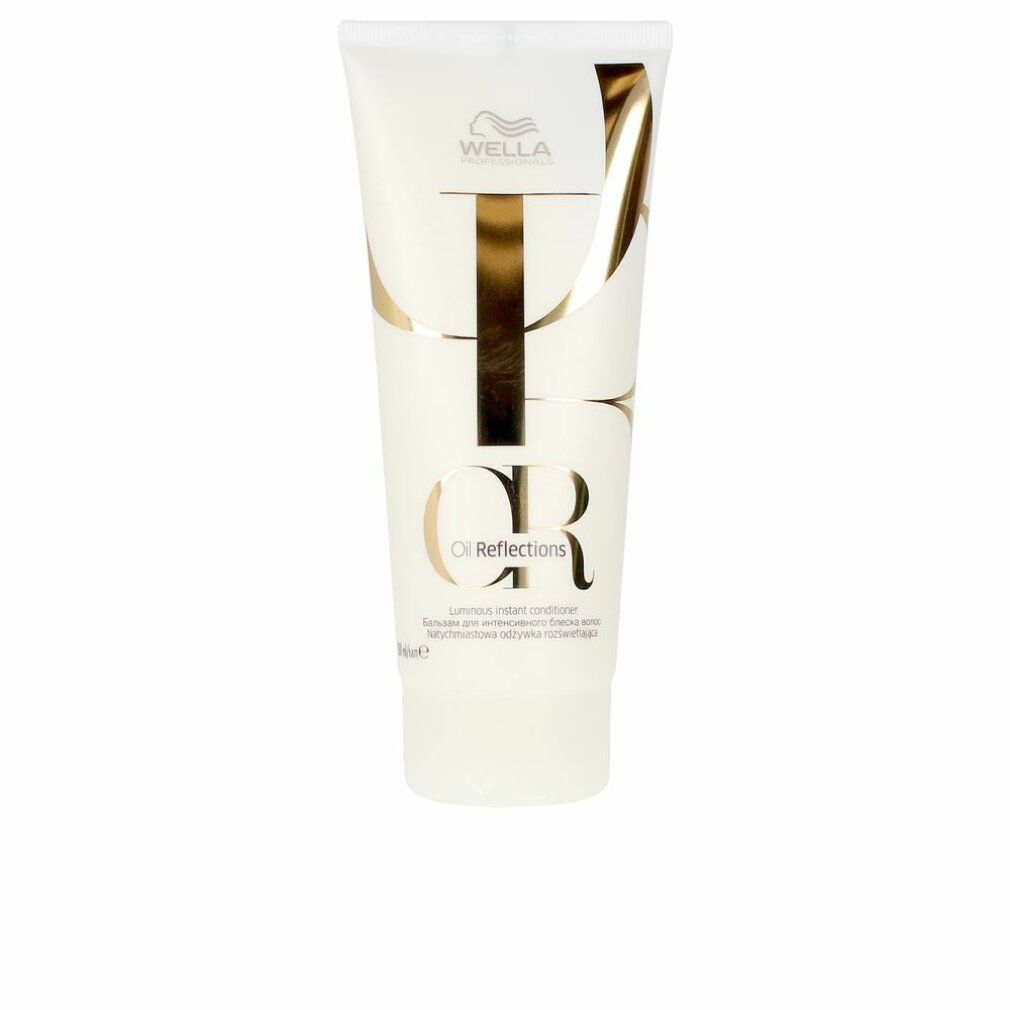 Tubo bianco con scritta dorata "Wella". Nome prodotto "Oil Reflections" e "Luminous Instant Conditioner".