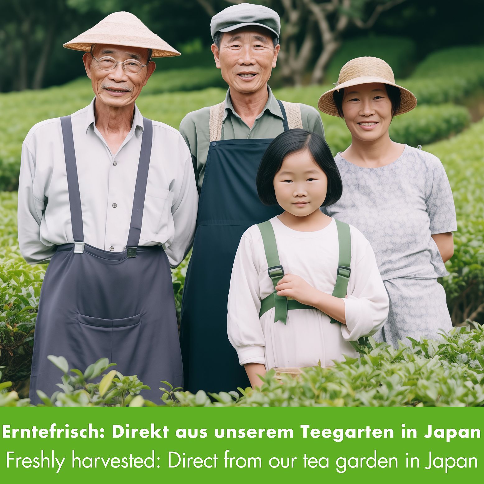 Quattro persone in una piantagione di tè. Testo: Appena raccolto: Direttamente dal nostro giardino del tè in Giappone.
