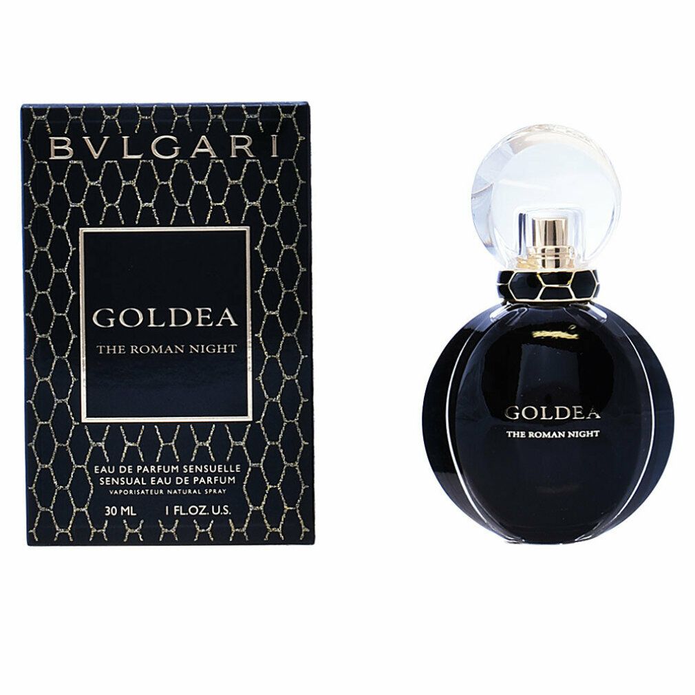 Flacone e confezione neri. Scritta: Bvlgari Goldea The Roman Night. 30 ml.