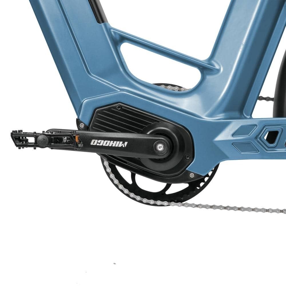 Movimento centrale di e-bike blu con pedale e corona neri. Logo MIHOGO.