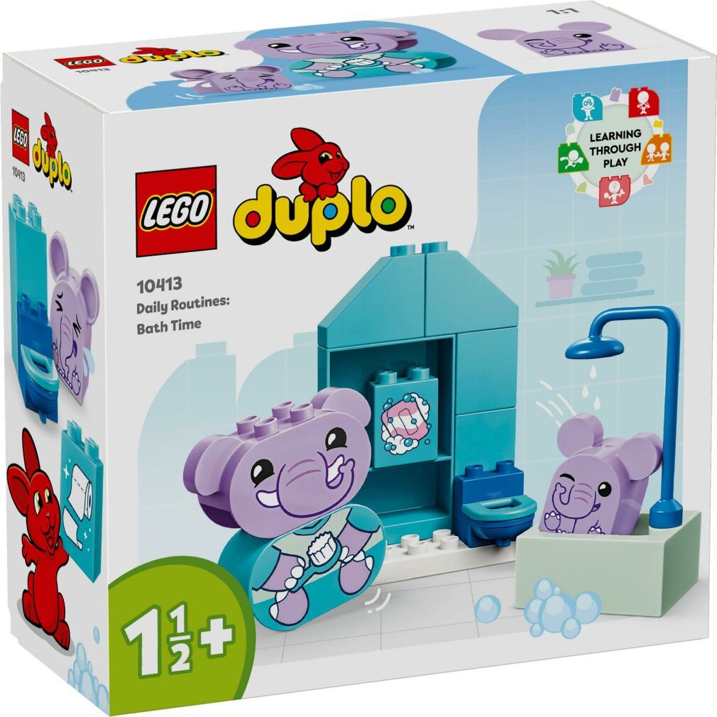 Set LEGO DUPLO con personaggi elefante, vasca da bagno, servizi igienici e doccia. La confezione mostra il set. Età consigliata 1 1/2+.