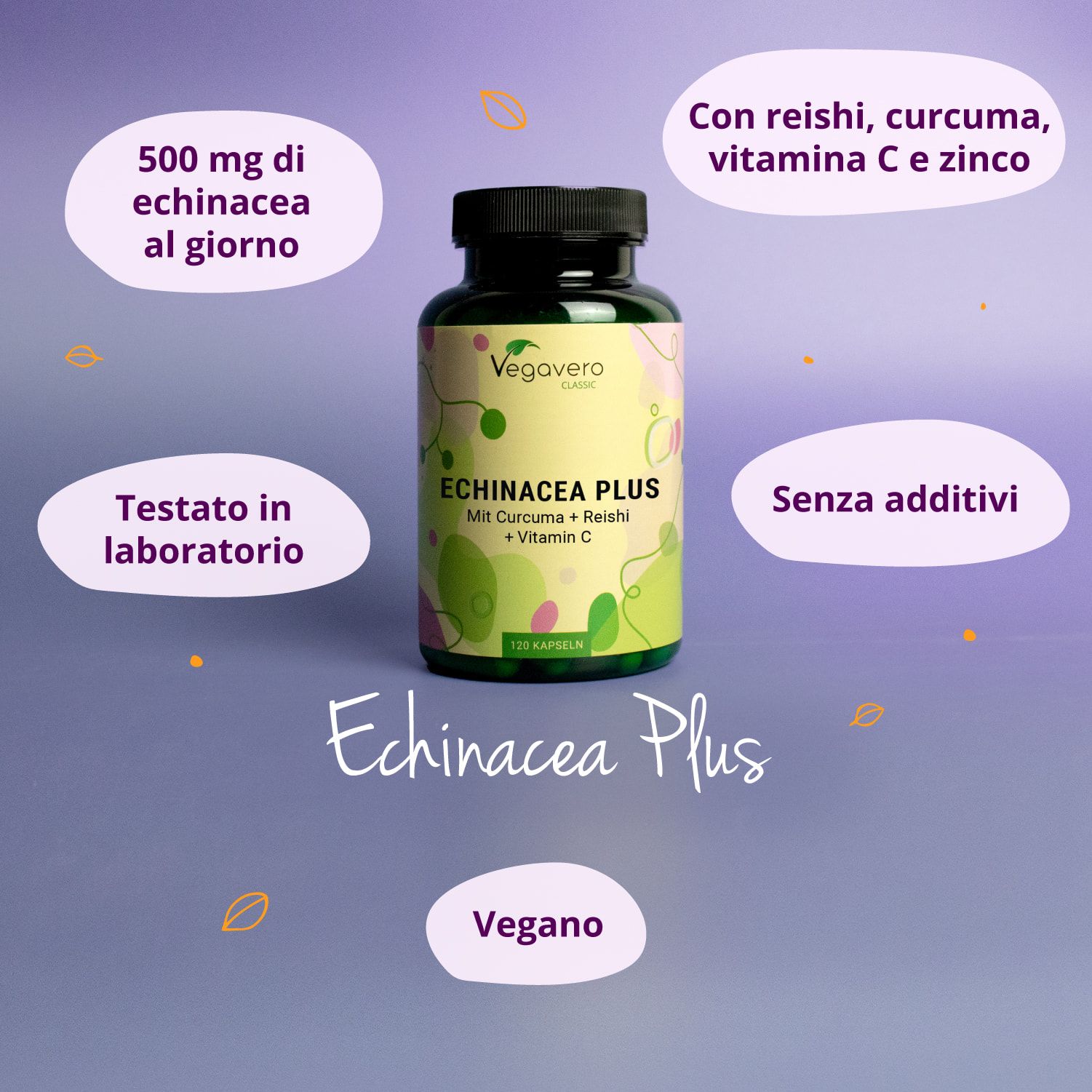 Flacone verde con tappo nero, VEGAVERO CLASSIC, ECHINACEA PLUS. Testo: 500 mg di echinacea al giorno, Con reishi, curcuma, vitamina C e zinco.