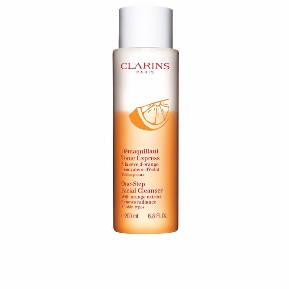 Clarins One-Step Facial Cleanser. Bottiglia con liquido arancione e tappo bianco. Testo: Clarins Paris, Tonic Express, One-Step Facial Cleanser.