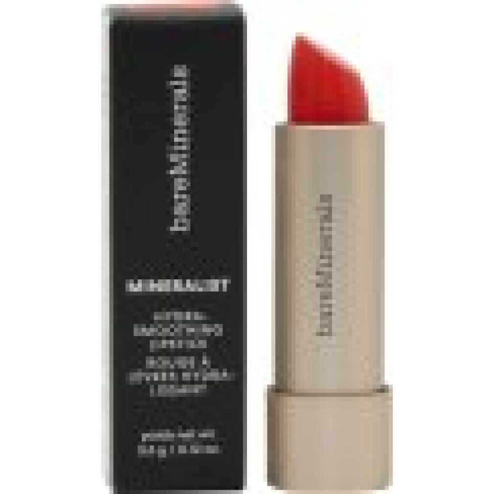 Rossetto rosso e scatola. Scritta: MINERALIST, bareMinerals. Stick di rossetto visibile.
