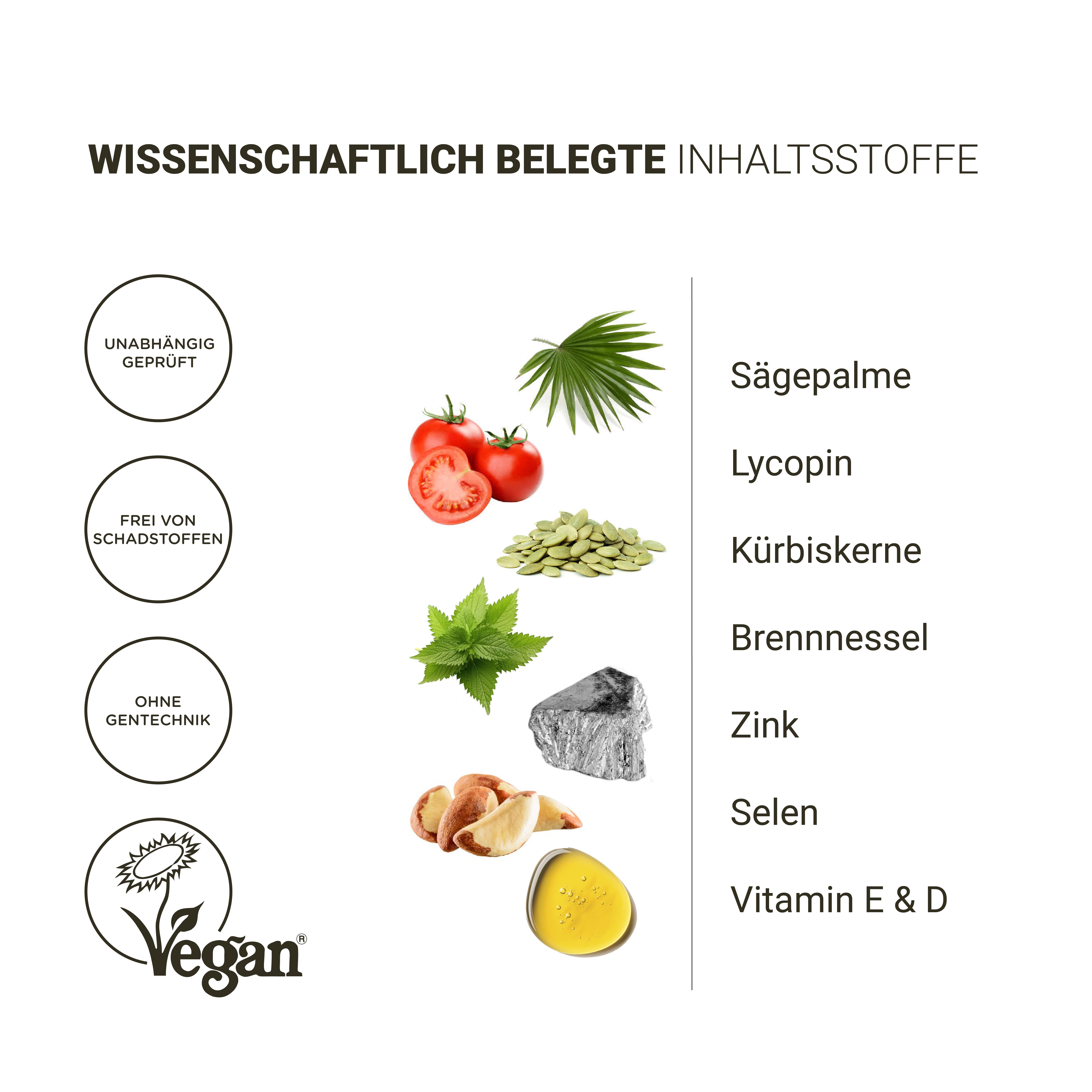 Vari ingredienti. Testo: Ingredienti scientificamente provati. Sigillo vegano.