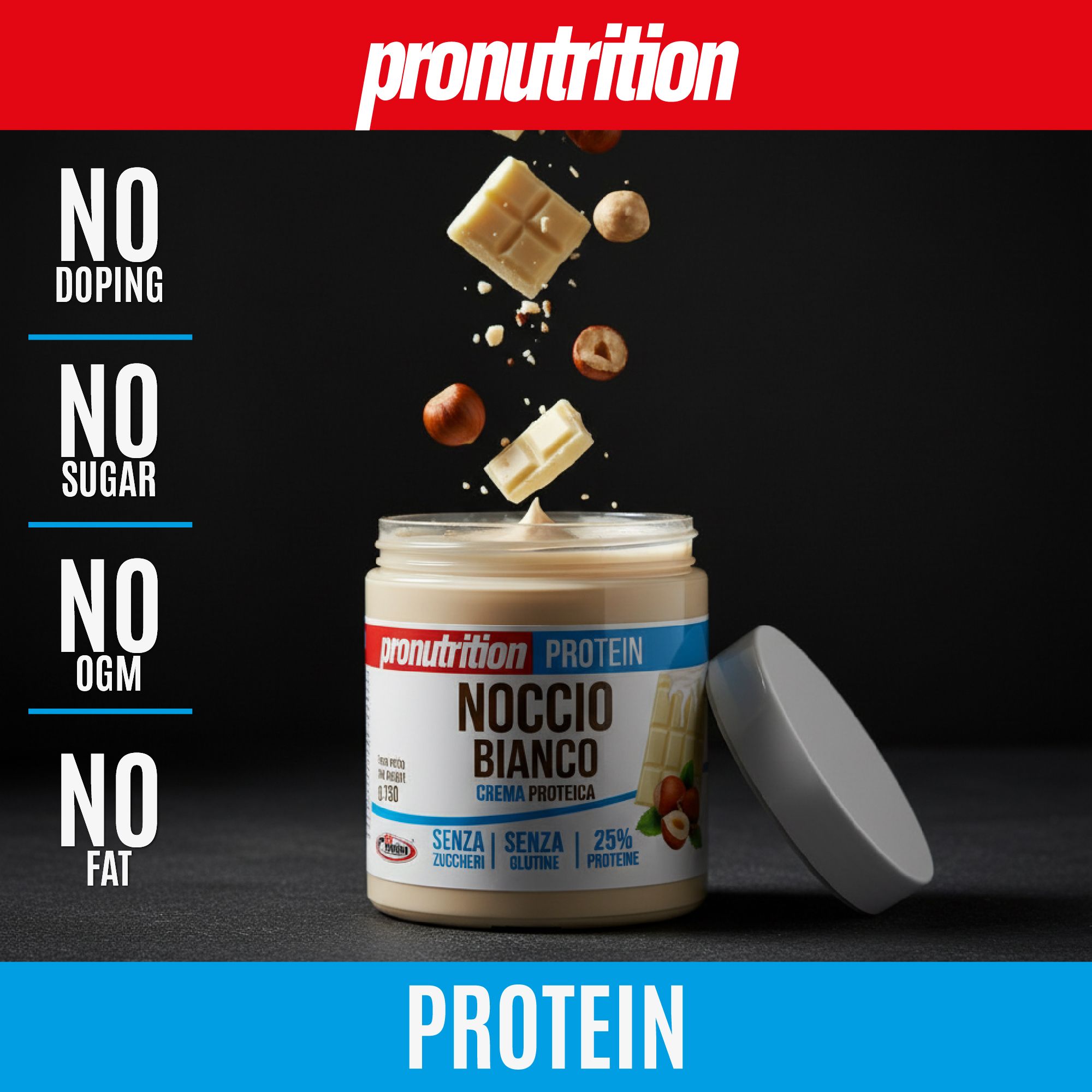 Vaso di crema proteica Pronutrition Noccio Bianco, 25% proteine. Ingredienti che volano. Scritta: NO Doping, NO Sugar, NO OGM, NO Fat.