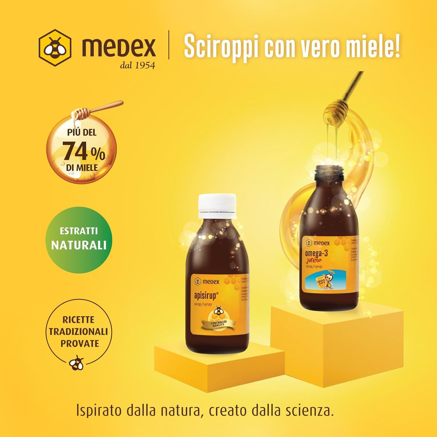 Bottiglia Medex Apisirup e bottiglia con miele. Oltre il 74% di miele. Estratti naturali.