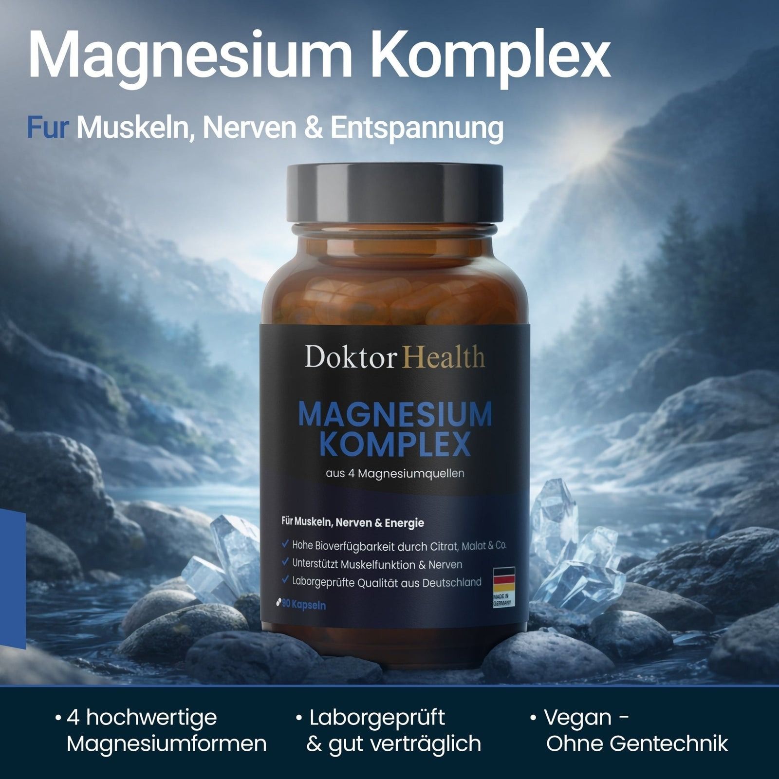 Flacone di vetro marrone Doktor Health Magnesium Komplex. Scritta: Magnesium Komplex, 4 fonti di magnesio. Vegano, testato in laboratorio, senza OGM.
