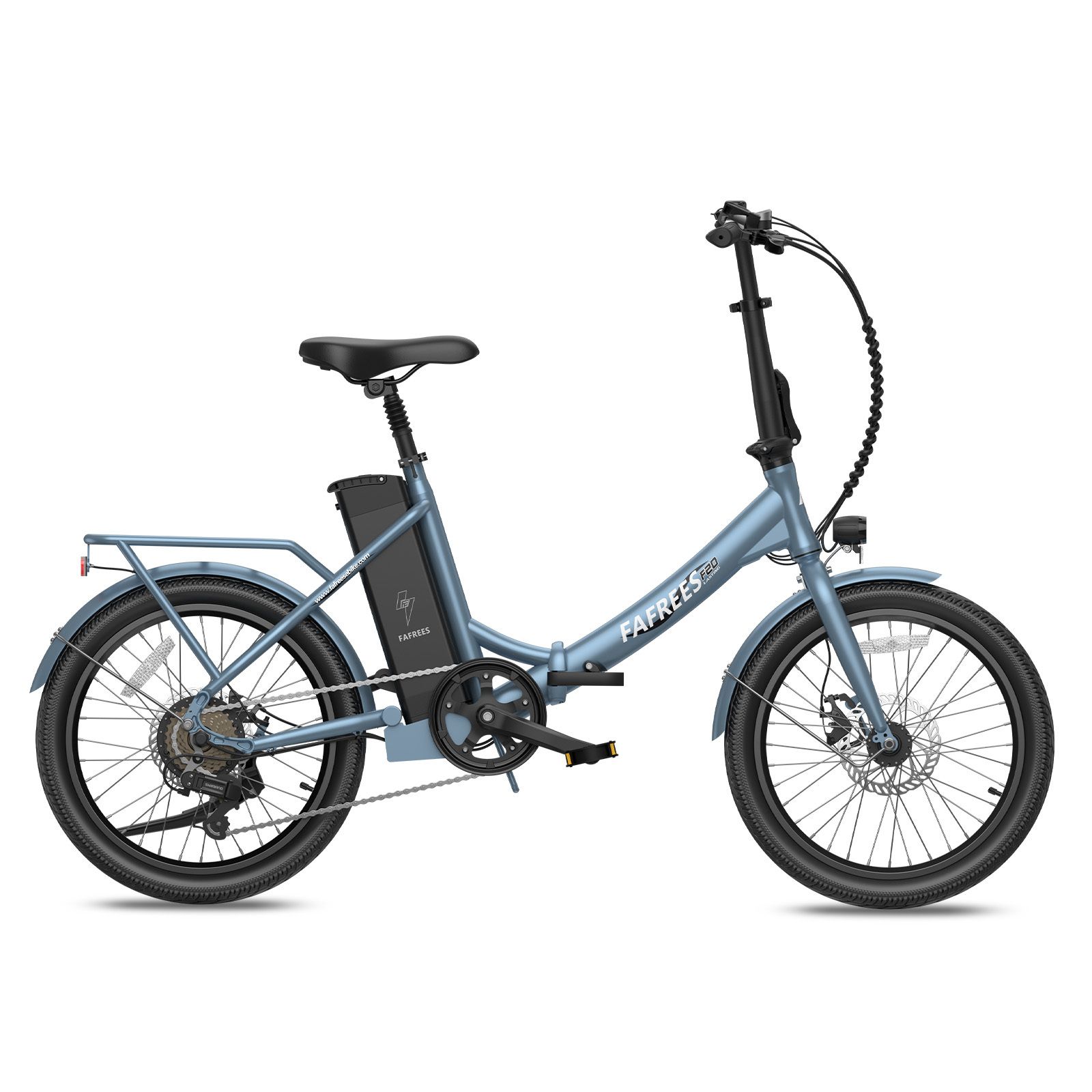 E-bike Fafrees F20 blu. Telaio pieghevole, portapacchi, freni a disco. Batteria sul telaio. Pneumatici e sella neri.