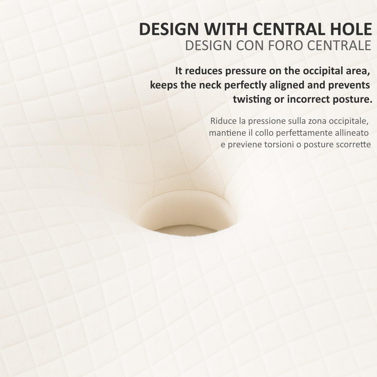 Primo piano di un cuscino bianco con incavo centrale. Il testo descrive la riduzione della pressione e l'allineamento del collo.