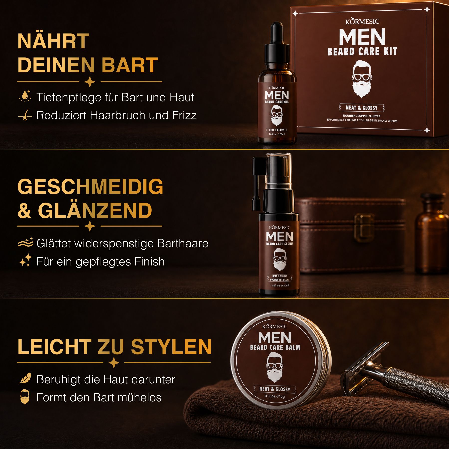 Scatola Körpersic Men Beard Care Kit con flacone di olio da barba.