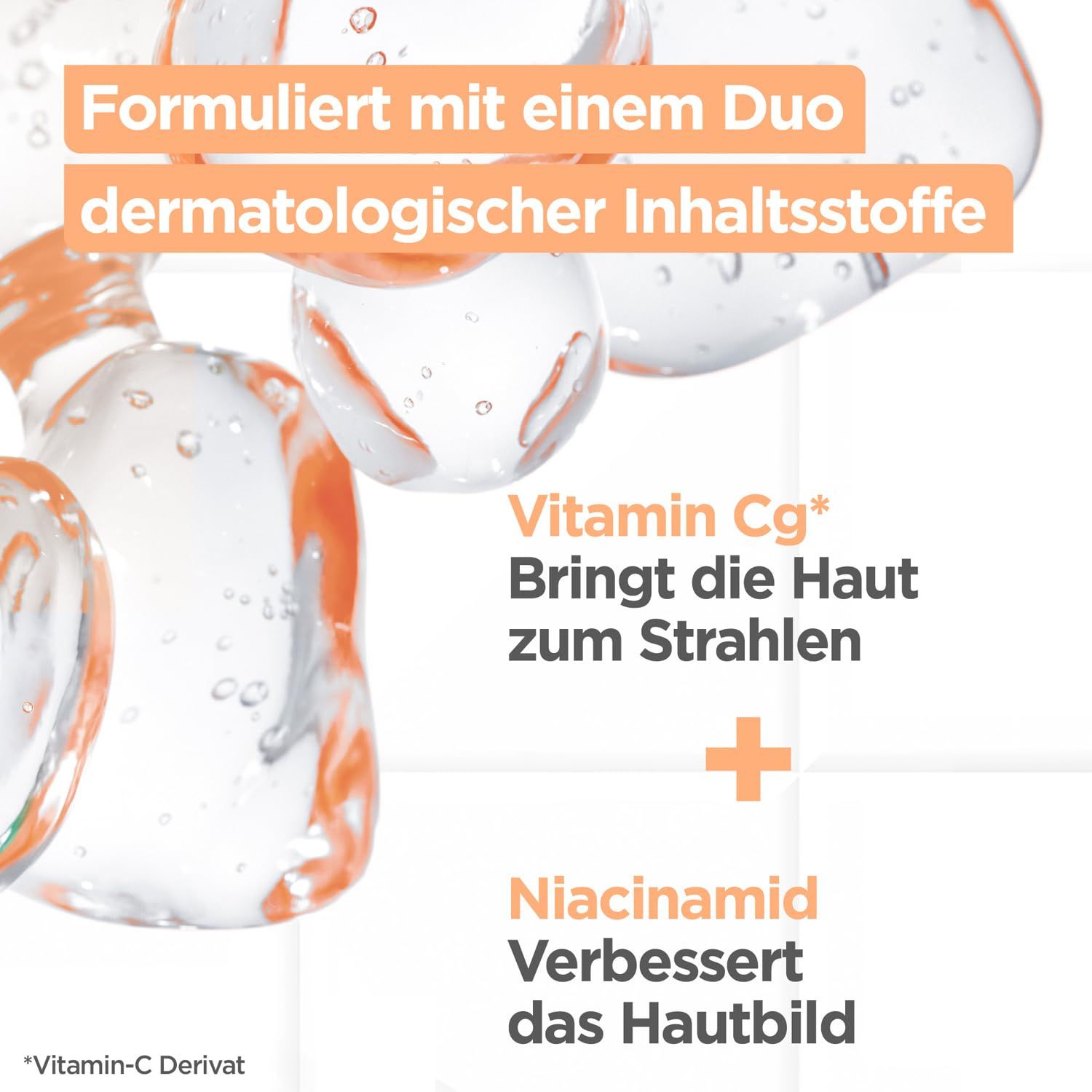 Illustrazione di gocce d'acqua. Testo: Formulato con ingredienti dermatologici. Vitamina Cg e Niacinamide.