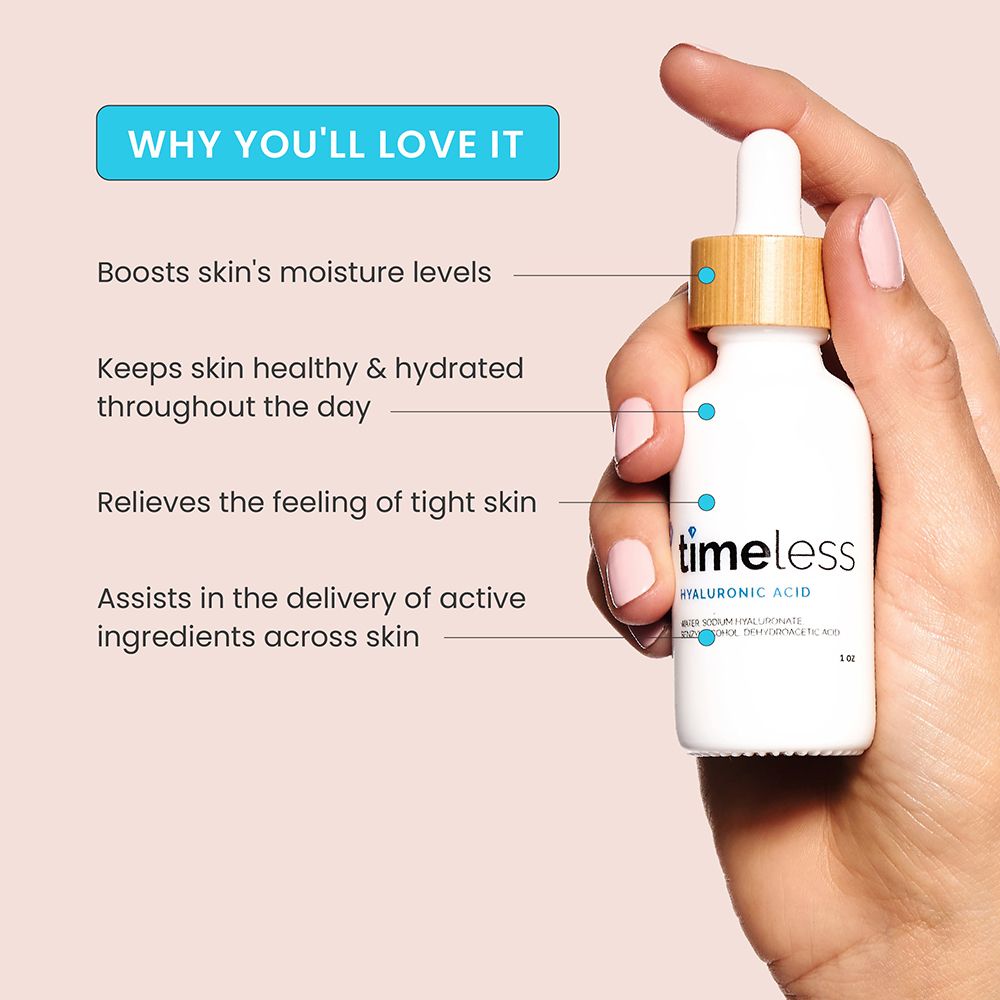Mano che tiene un flacone con pipetta. Testo: "timeless hyaluronic acid". Vantaggi del prodotto.