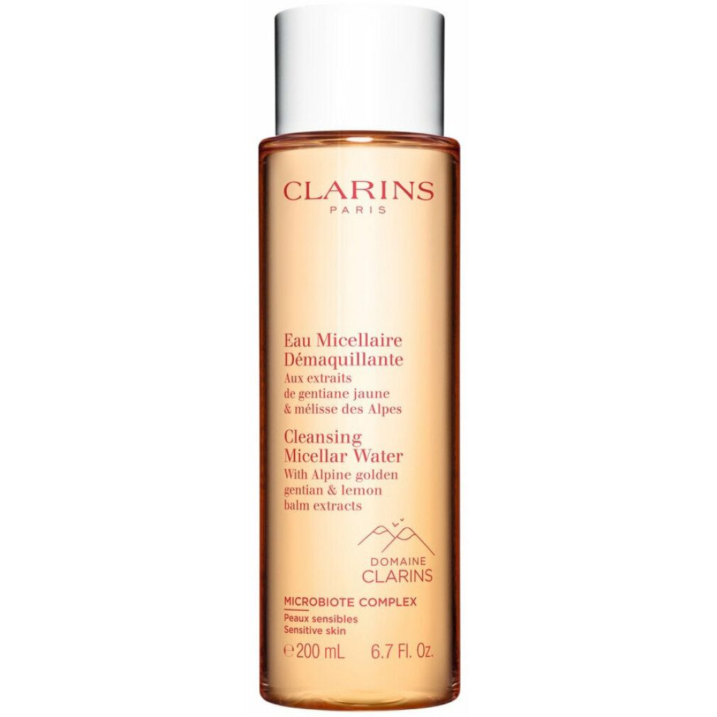 Flacone Clarins Acqua Micellare Detergente. Tappo bianco. Testo: Eau Micellaire, Cleansing Micellar Water. 200 ml.
