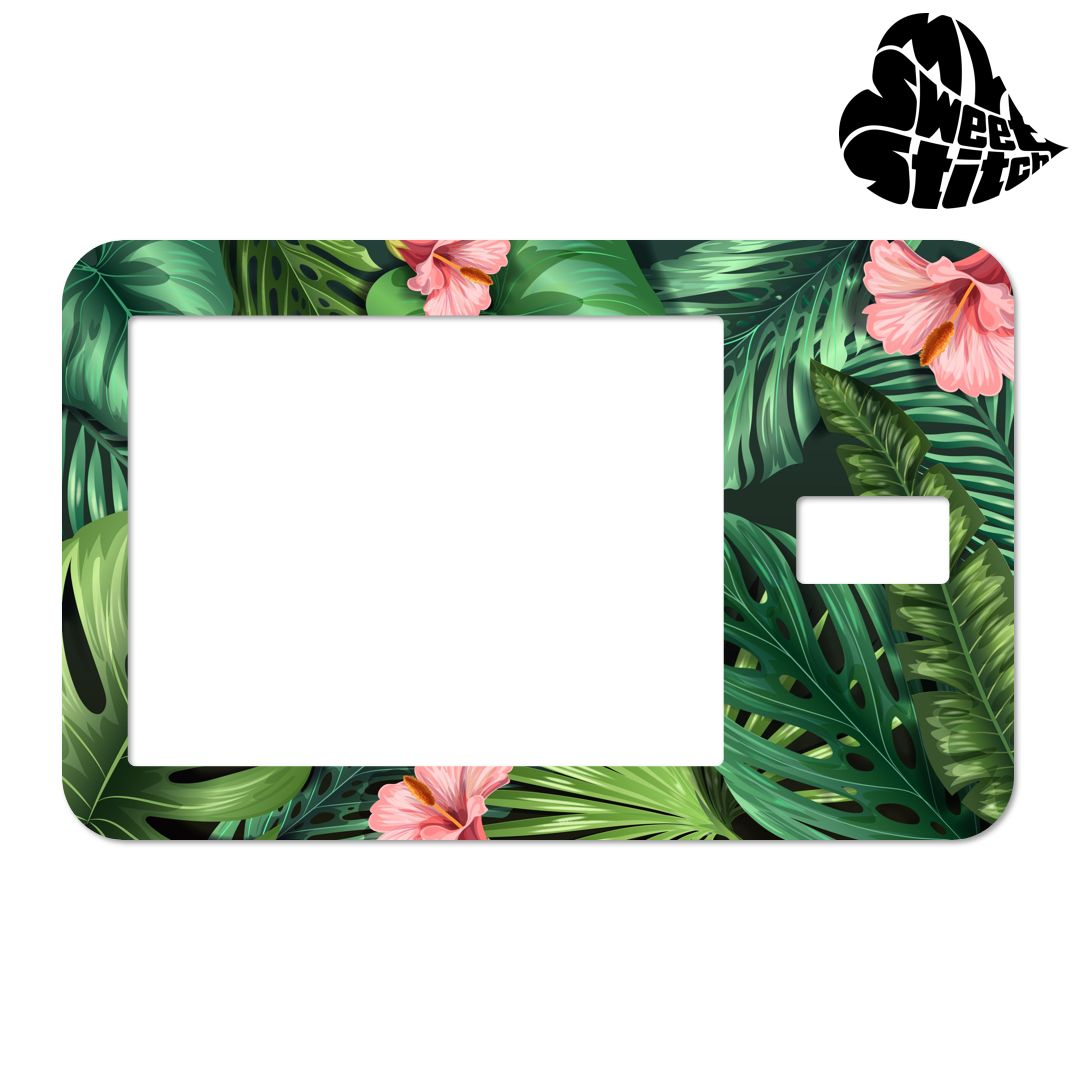 Adesivo con motivo floreale tropicale. Rettangolare con ritagli. Verde, rosa e bianco. Logo MySweetStitch.