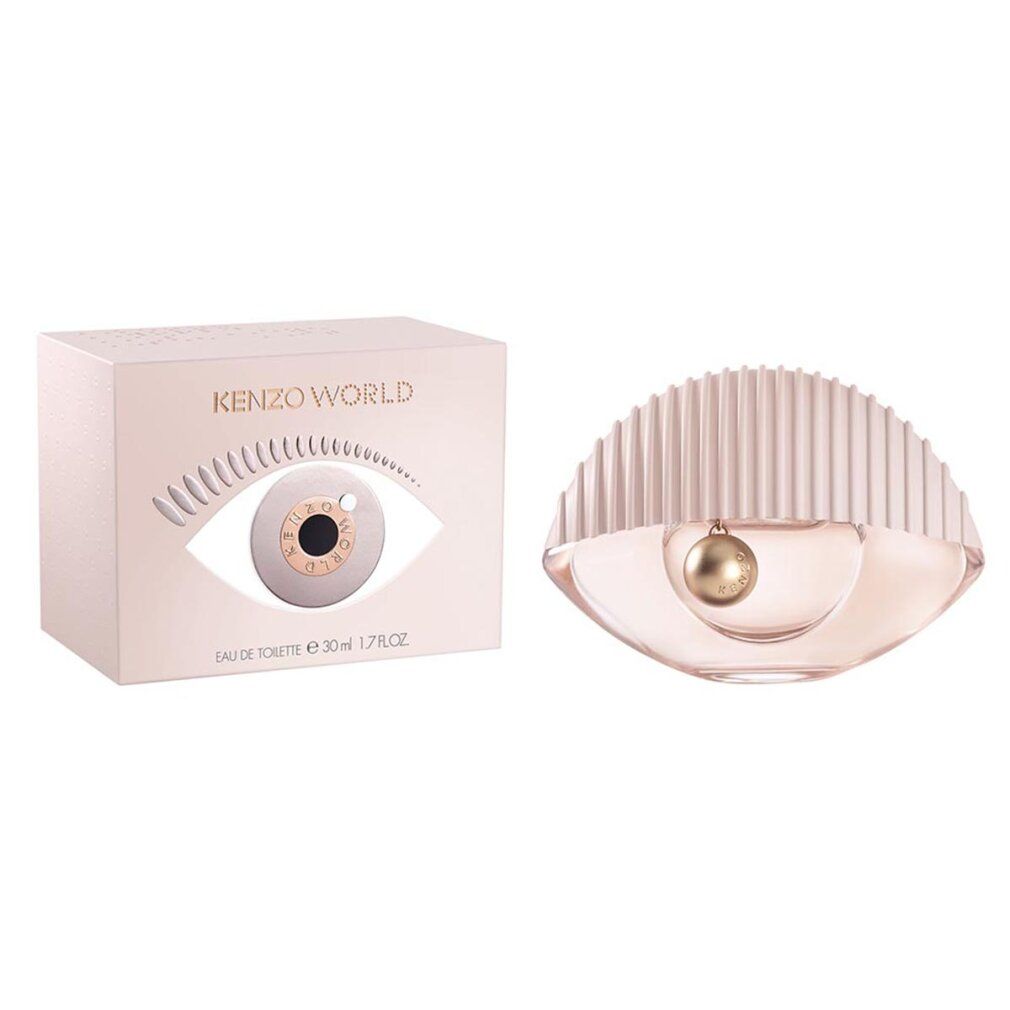 Flacone e confezione Kenzo World Eau de Toilette. Confezione con motivo occhio. Flacone a forma di occhio con tappo scanalato e sfera.