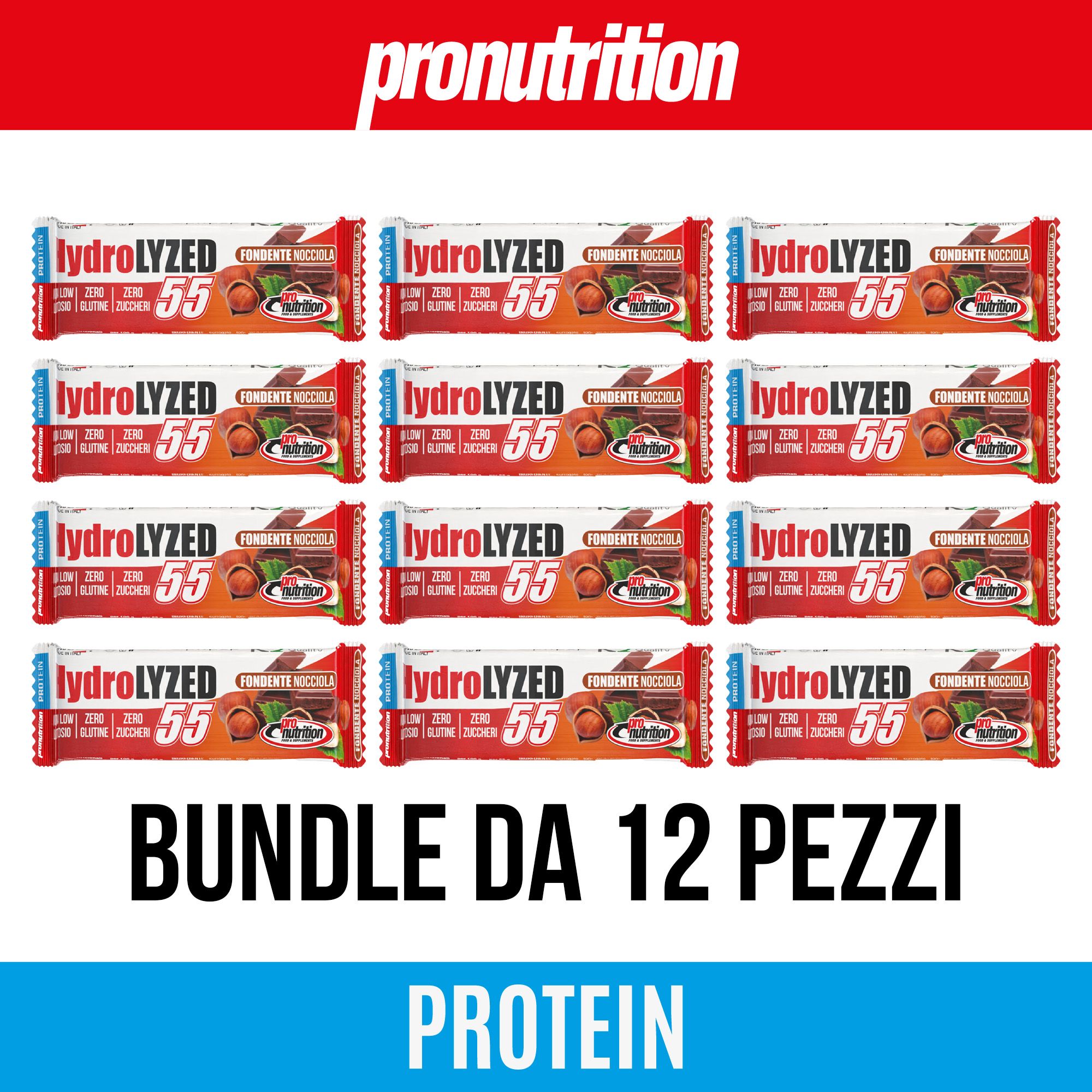 Confezione da 12 barrette proteiche. Confezioni rosse e blu. Scritta: Hydrolyzed, Zero zuccheri, Senza glutine.