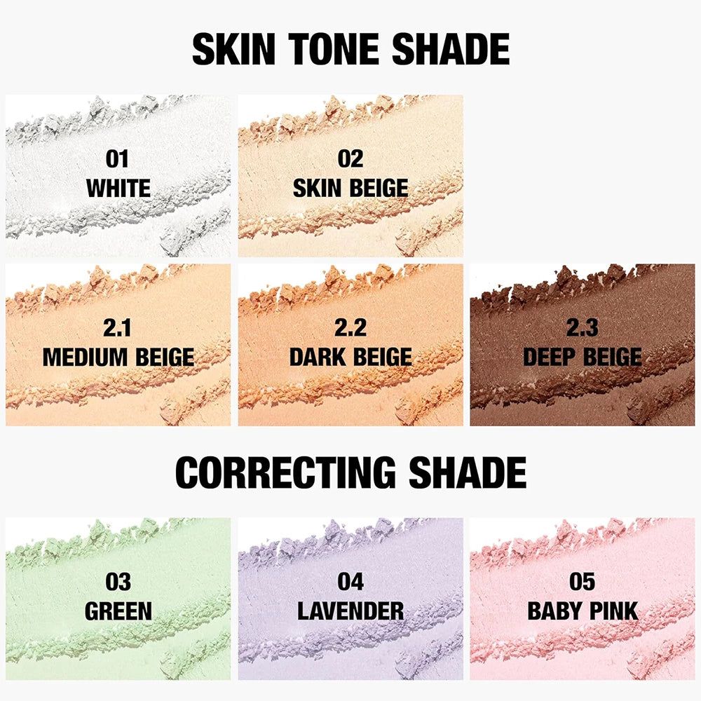Tonalità di polvere: bianco, beige pelle, beige medio, beige scuro, beige scuro, verde, lavanda, rosa baby. Testo: Skin Tone Shade, Correcting Shade.