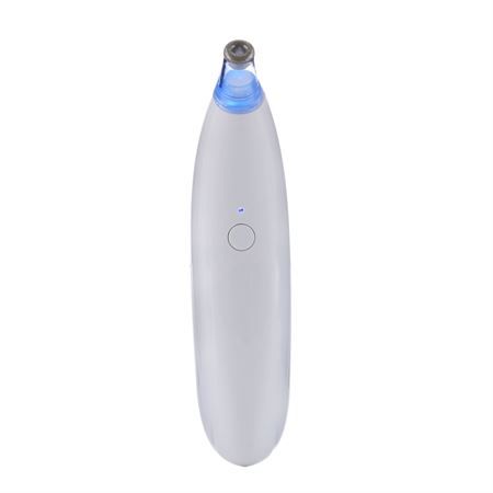 Dispositivo bianco per la cura della pelle con punta illuminata di blu e un pulsante.